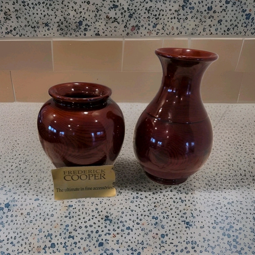 Frederick Cooper Chicago Turned Wood Vases Set of 2 Oxblood Red MCM Korea